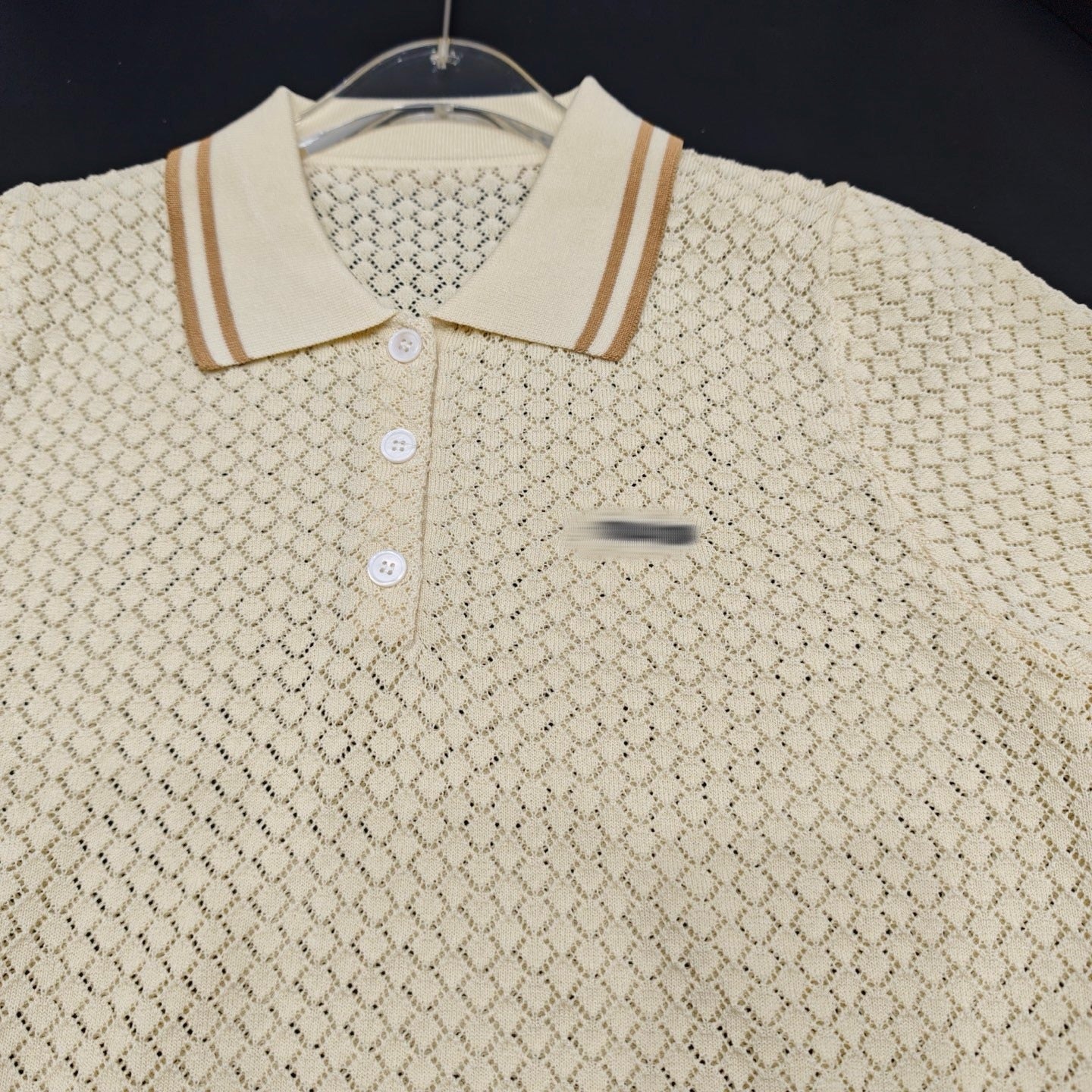 Hollow-Out Knit Polo Top — Short Sleeve