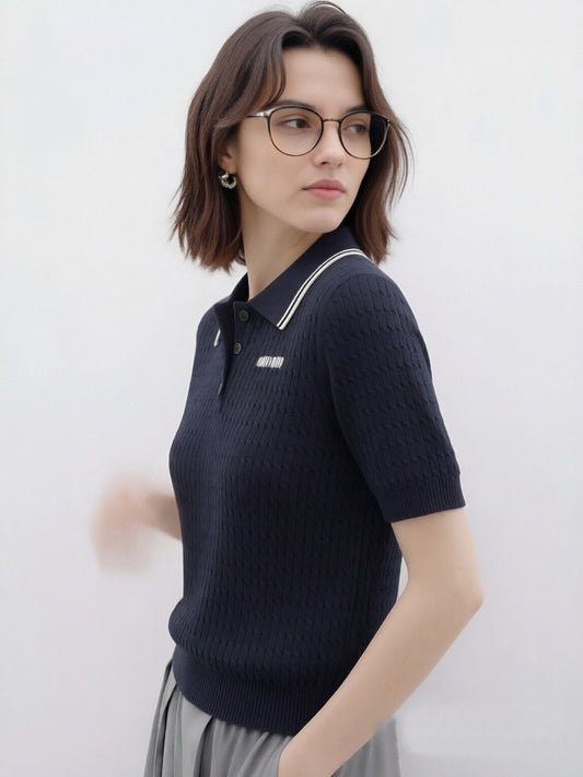 Collegiate Knit Polo Top — Cable Knit | Short Sleeve