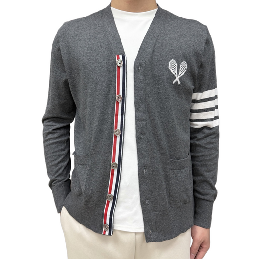 Tennis Racket Jacquard V-Neck Knit Cardigan THOM TREND