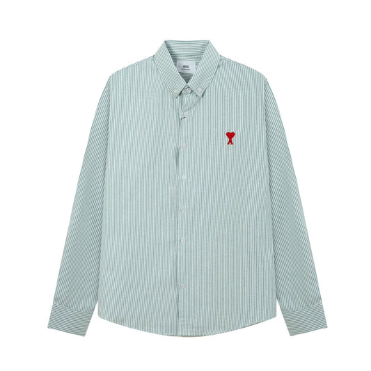 Unisex Heart Embroidery Striped Oxford Shirt