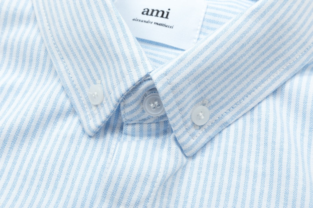 Unisex Heart Embroidery Striped Oxford Shirt
