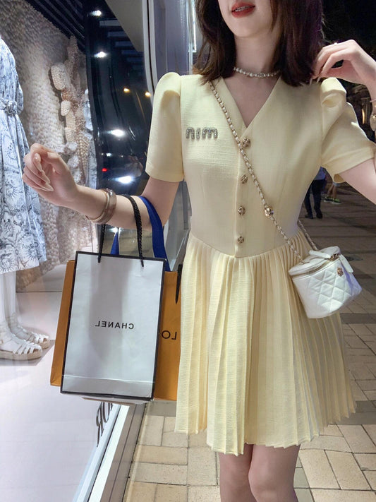 Beaded Letter Pleated Dress — Short Sleeve