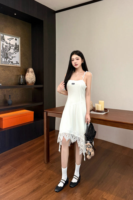 Lace Splice Irregular Hem Slip Maxi Dress