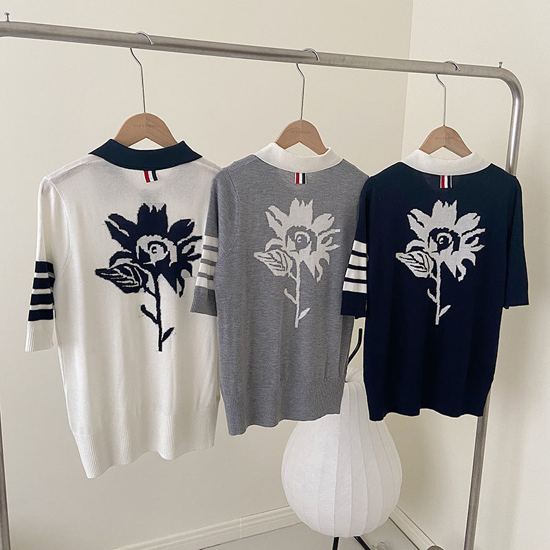 Polo collar short sleeve sweater