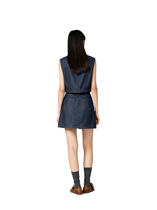 Denim Polo Sleeveless Top & Skirt Set