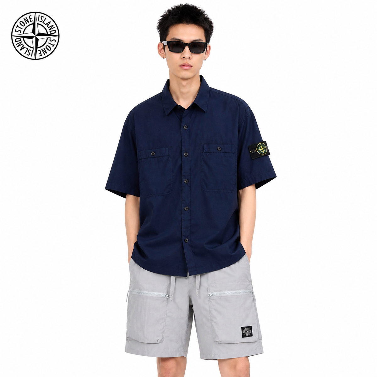 Stone Island Compass Badge Corduroy Short-Sleeve Shirt on male model - front view