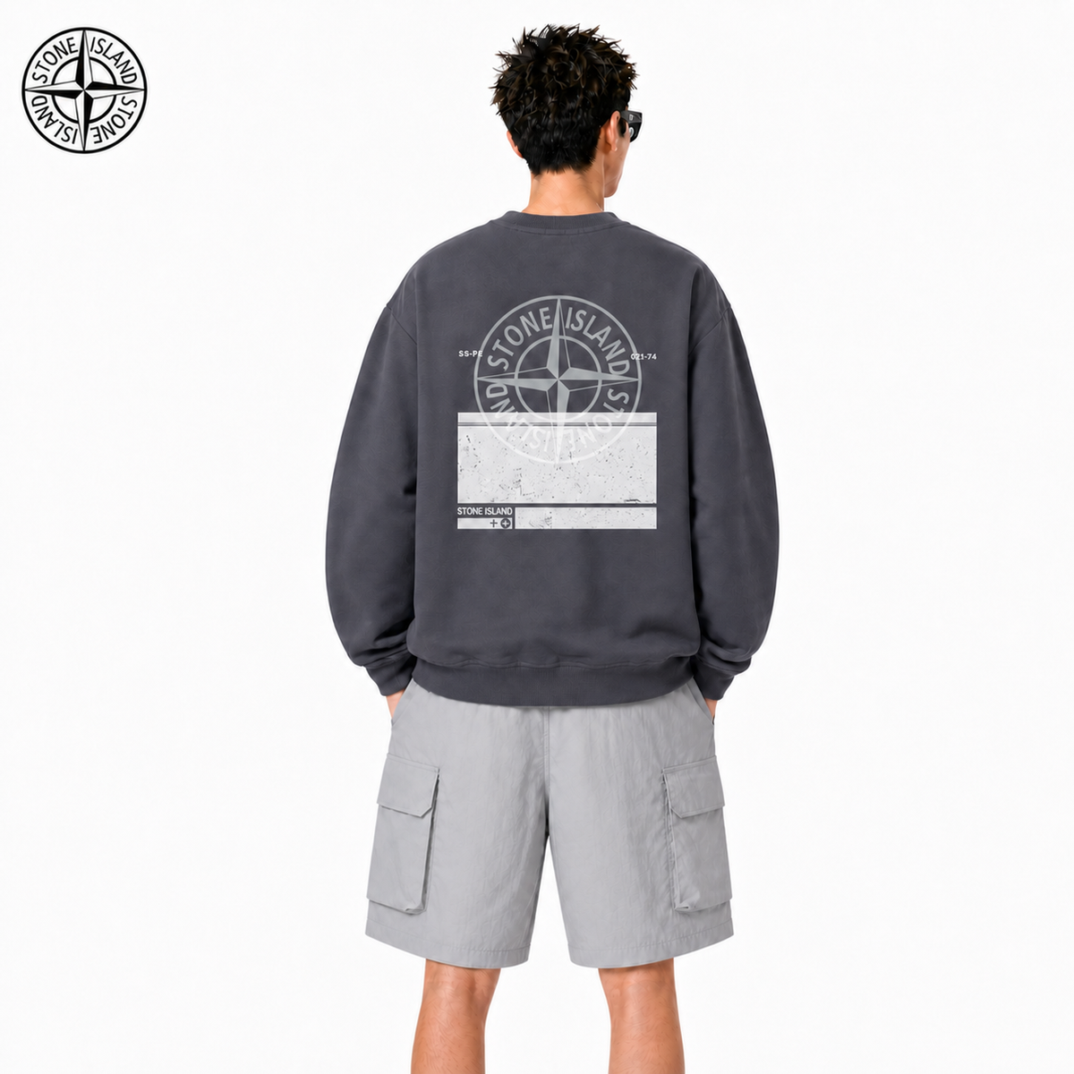 Stone Island Technical Label Back Graphic Crewneck Sweatshirt on male model - back view