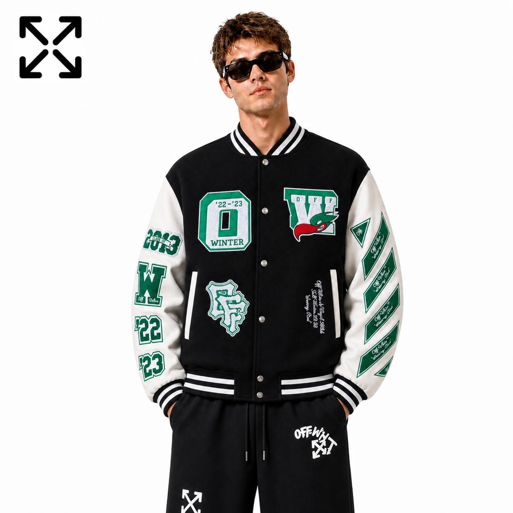 Off-White Black White Green College Varsity Jacket front view on male model against a white background