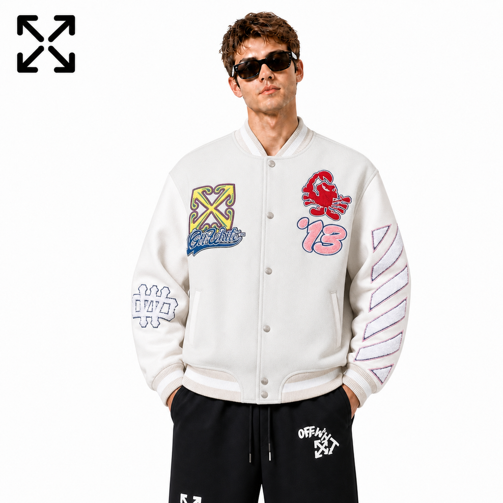 Off-White White Multicolor Patch Varsity Jacket for Men front view on male model against a white background