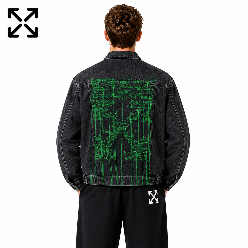 Off-White Black Green Forest Graphic Denim Jacket for Men back view on male model against a white background