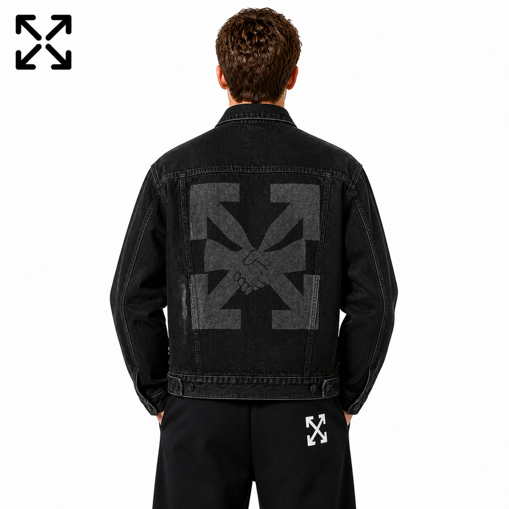 Off-White Black Tonal Handshake Arrow Denim Jacket for Men back view on male model against a white background