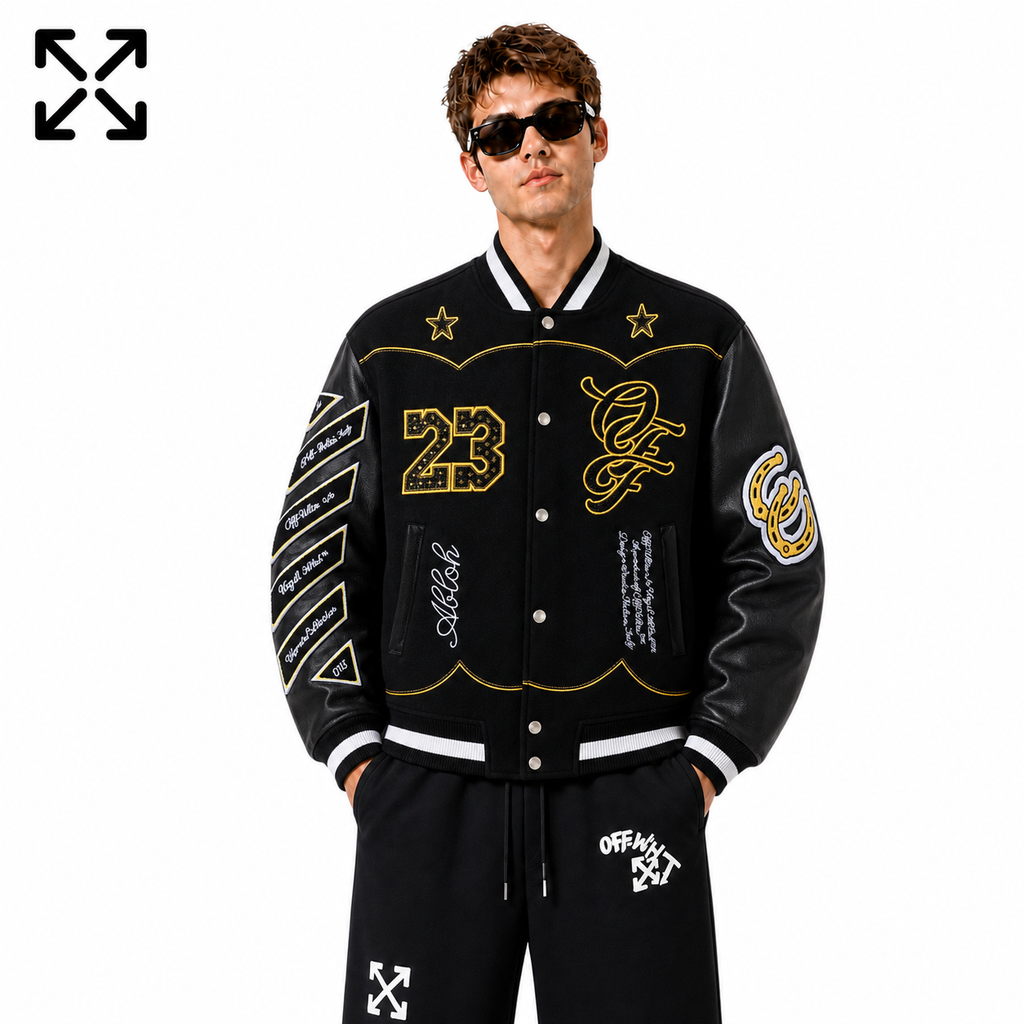 Off-White Black Gold Number 23 Varsity Jacket for Men front view on male model against a white background