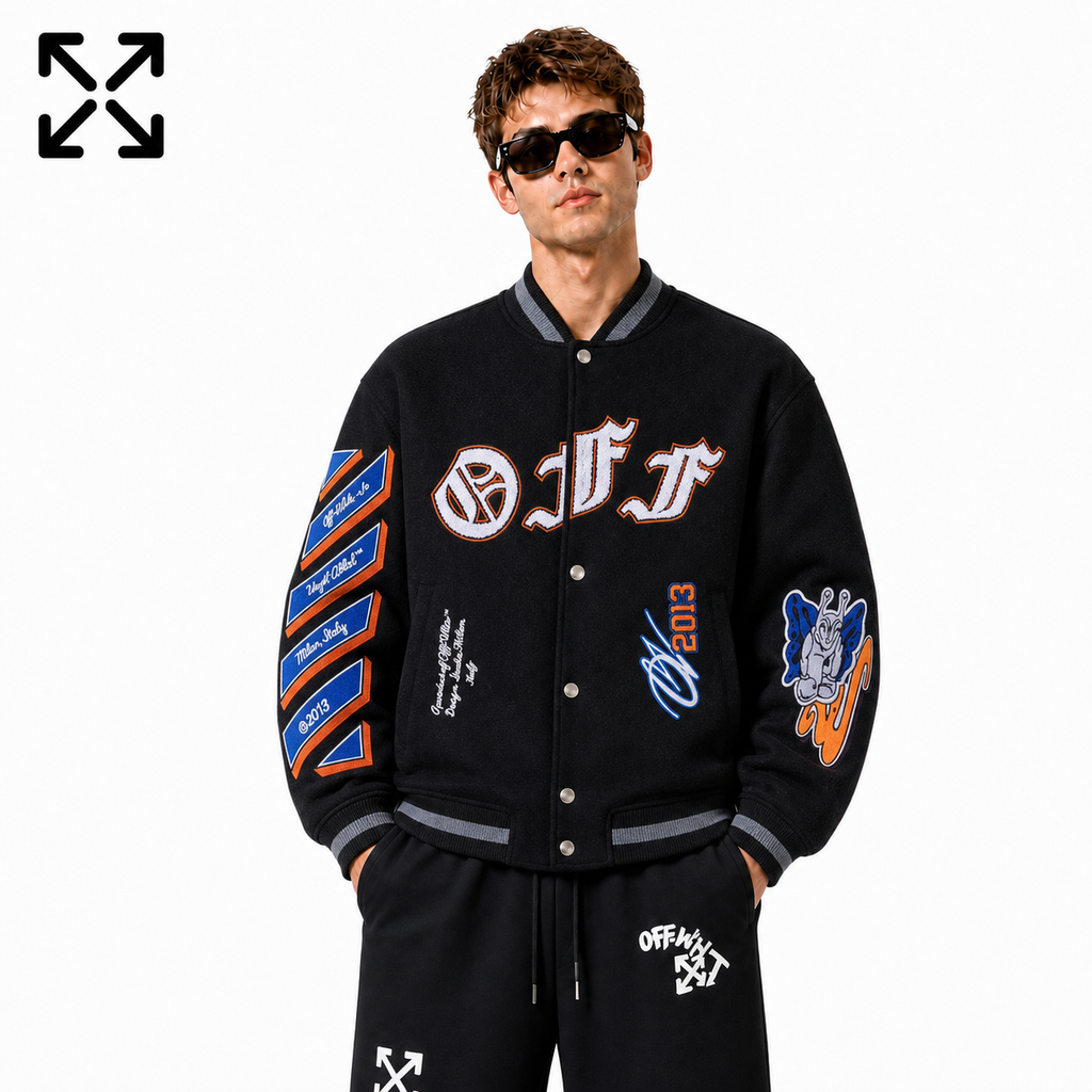 Off-White Black Orange Blue Graphic Varsity Jacket for Men front view on male model against a white background