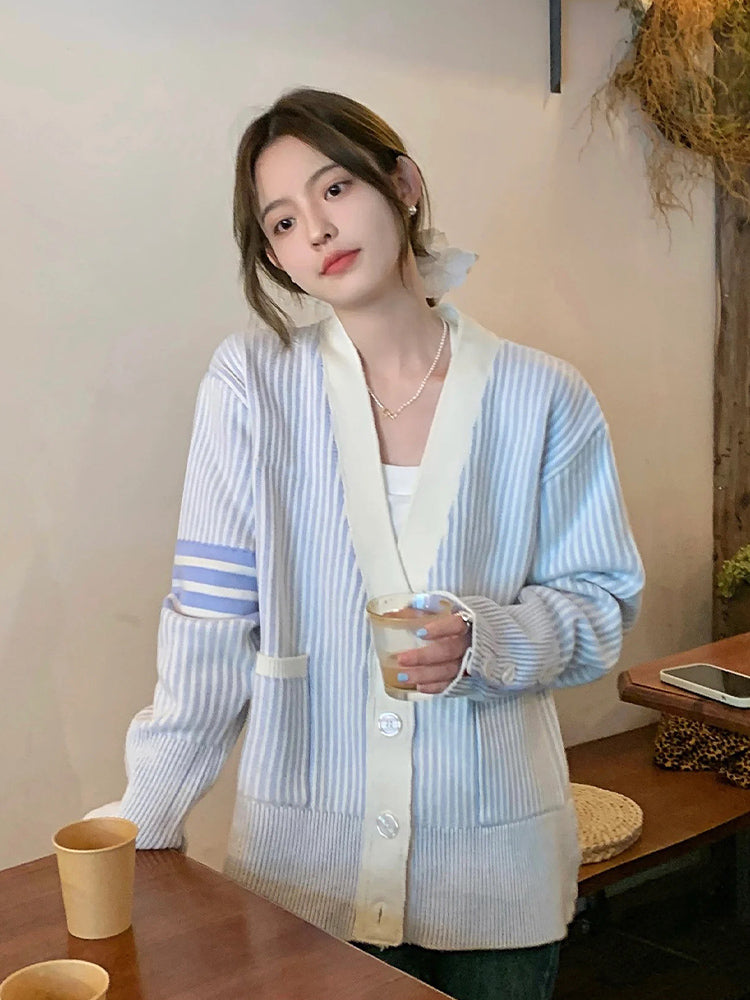2025S Women's striped v-neck jacket THOM TREND