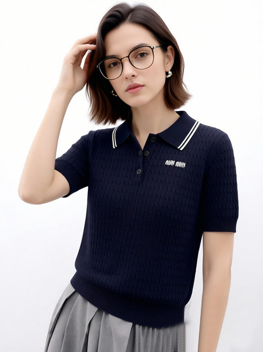 Collegiate Knit Polo Top — Cable Knit | Short Sleeve