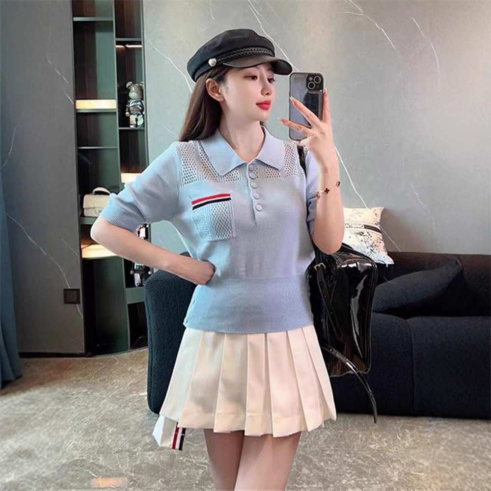 Polo collar short sleeve sweater