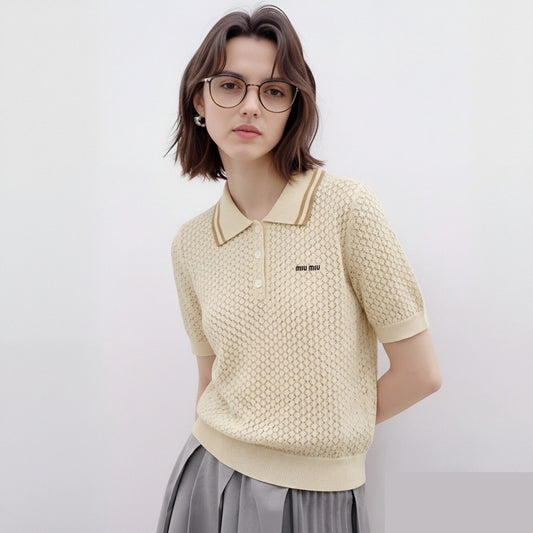 Hollow-Out Knit Polo Top — Short Sleeve
