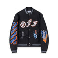 Off-White Black Orange Blue Graphic Varsity Jacket for Men