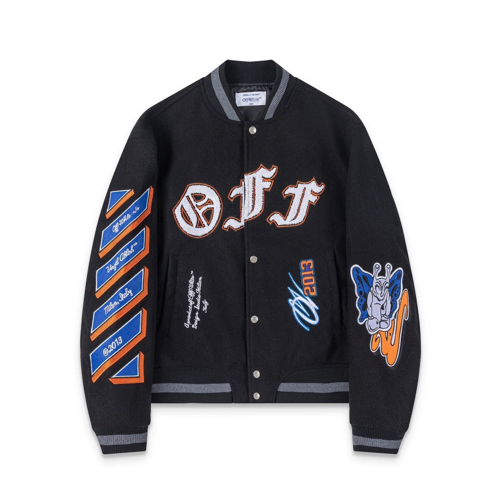 Off-White Black Orange Blue Graphic Varsity Jacket for Men