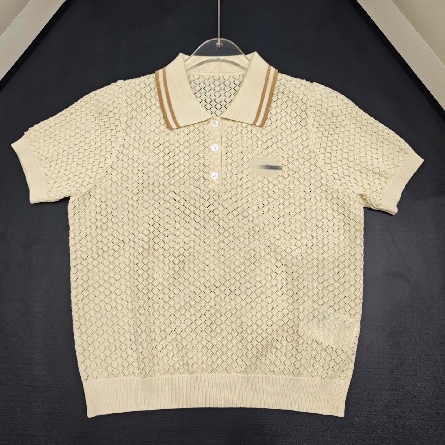 Hollow-Out Knit Polo Top — Short Sleeve