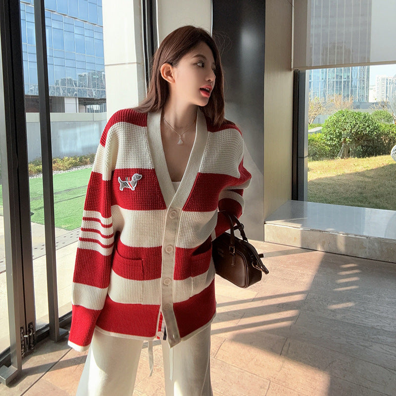 Puppy Embroidered V-Neck Cardigan