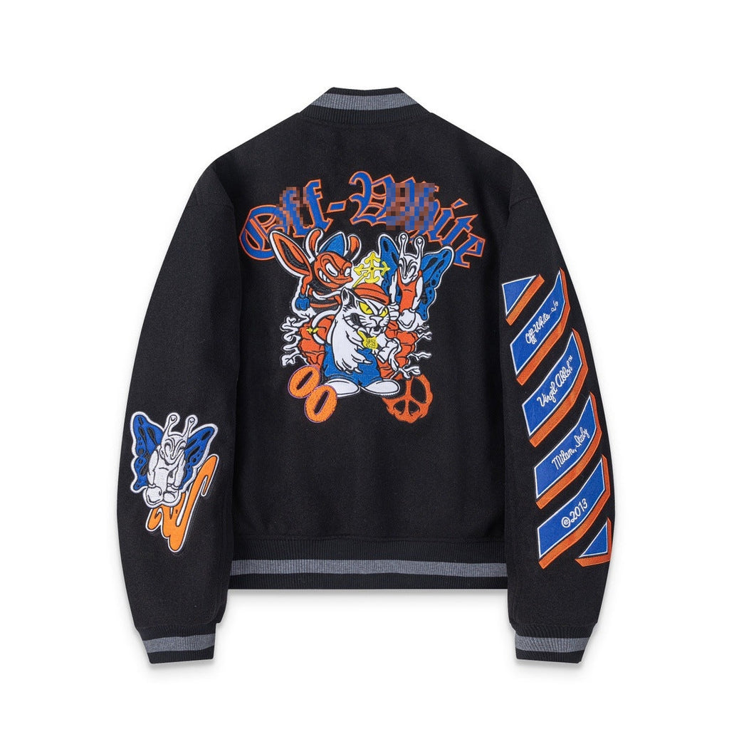 Off-White Black Orange Blue Graphic Varsity Jacket for Men