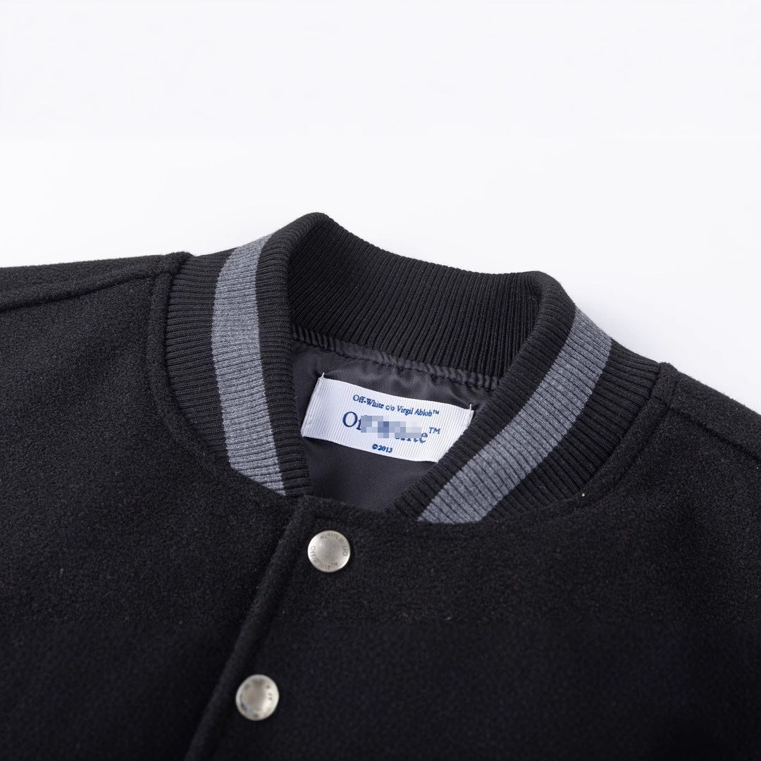 Off-White Black Orange Blue Graphic Varsity Jacket for Men