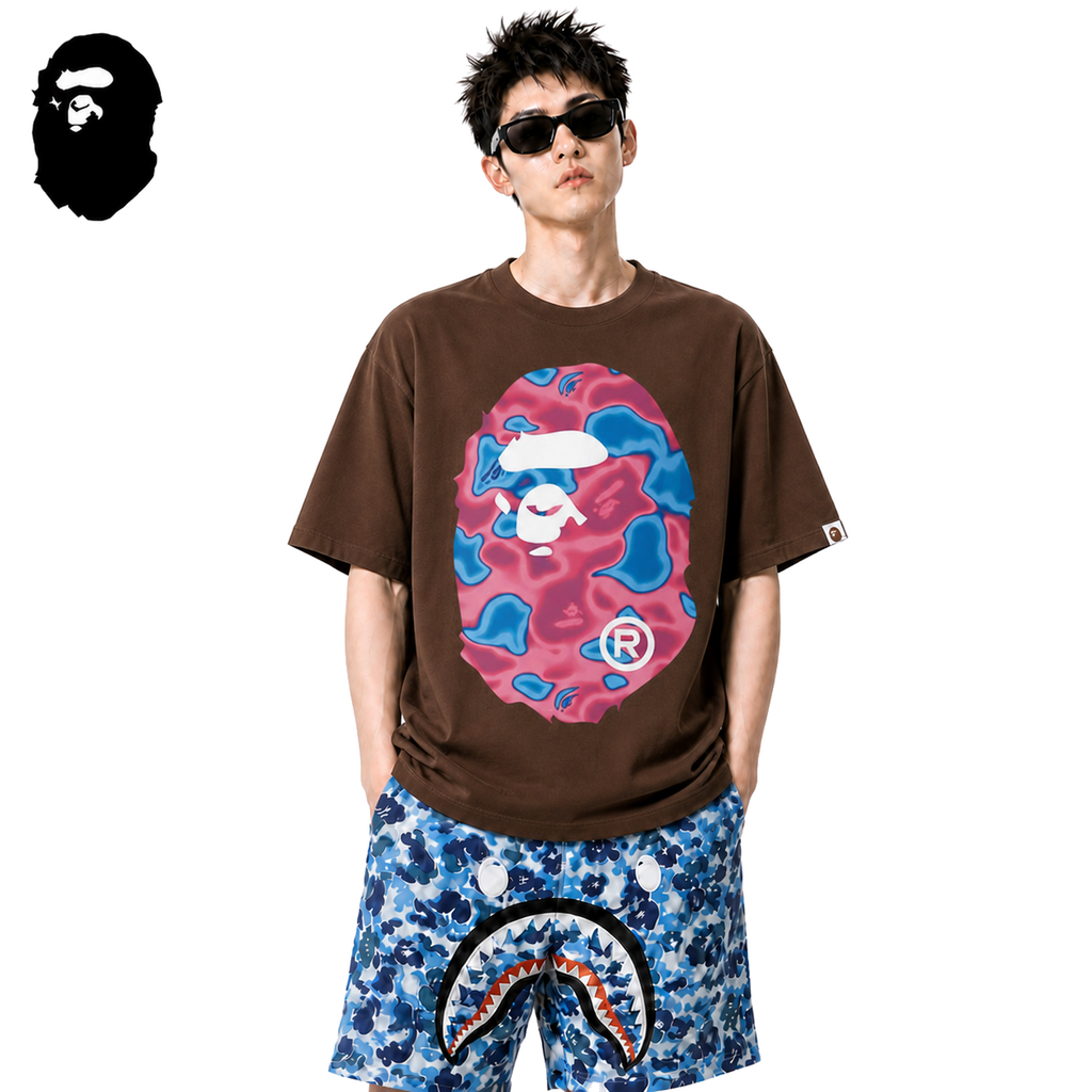 BAPE Pink Liquid Camo Big Ape Head Men's T-Shirt - Brown - Brown streetwear model on pure white background