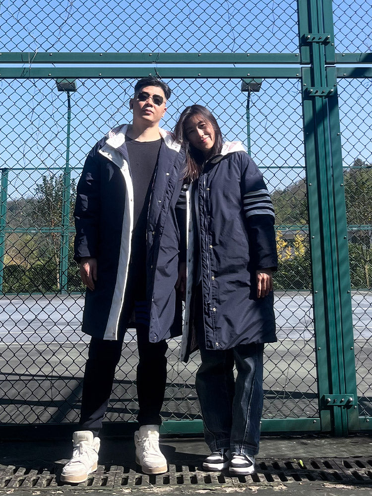 Unisex long coat with hood and white placket THOM TREND