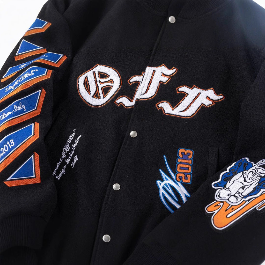 Off-White Black Orange Blue Graphic Varsity Jacket for Men