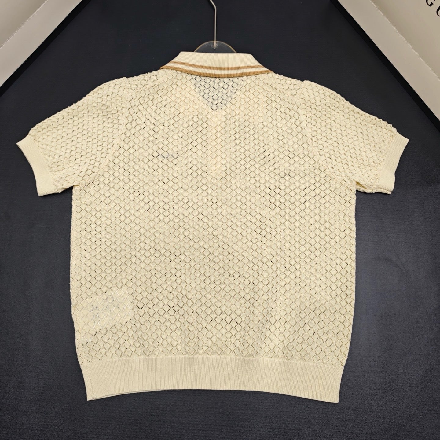 Hollow-Out Knit Polo Top — Short Sleeve