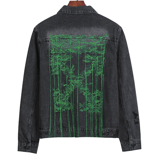 Off-White Black Green Forest Graphic Denim Jacket for Men