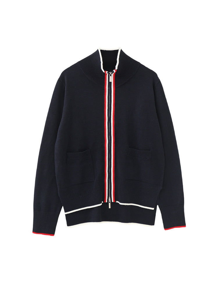Stand collar double zip wool sweater
