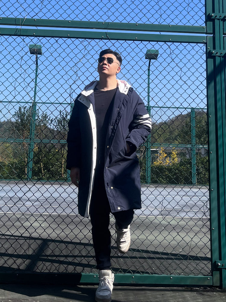 Unisex long coat with hood and white placket THOM TREND