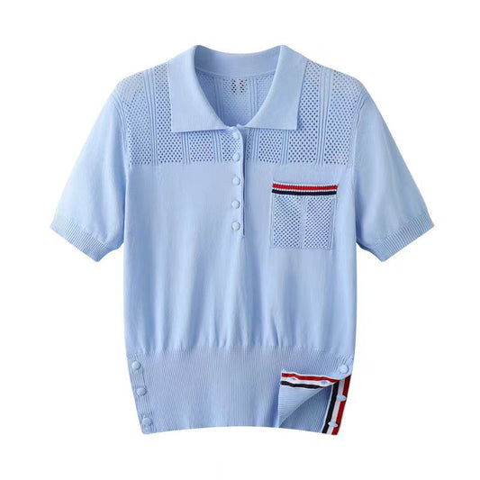 Polo collar short sleeve sweater