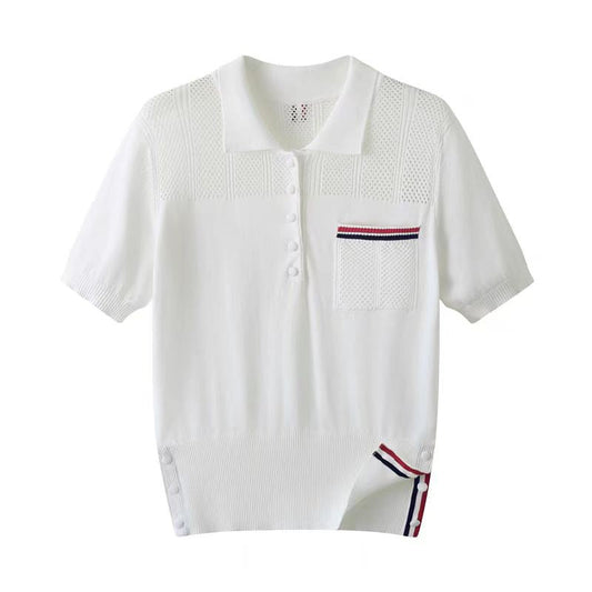 Polo collar short sleeve sweater