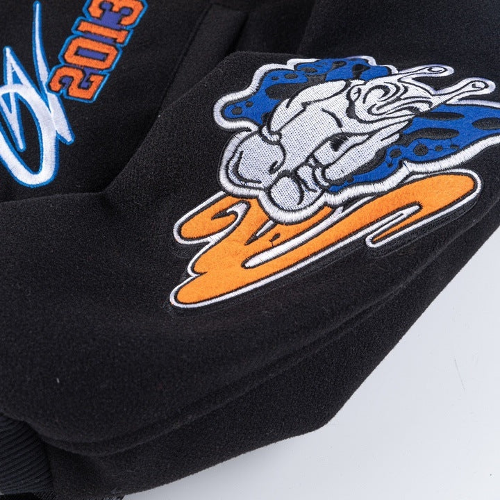 Off-White Black Orange Blue Graphic Varsity Jacket for Men