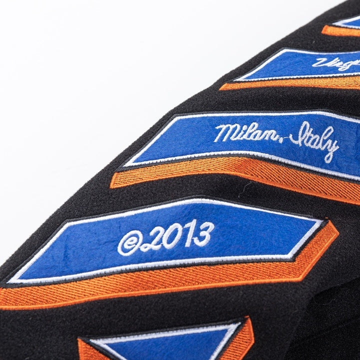 Off-White Black Orange Blue Graphic Varsity Jacket for Men