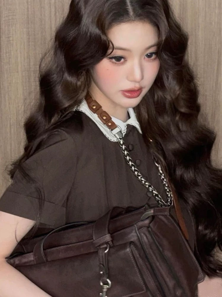 Peter Pan Collar Pleated Dress – Vintage Brown