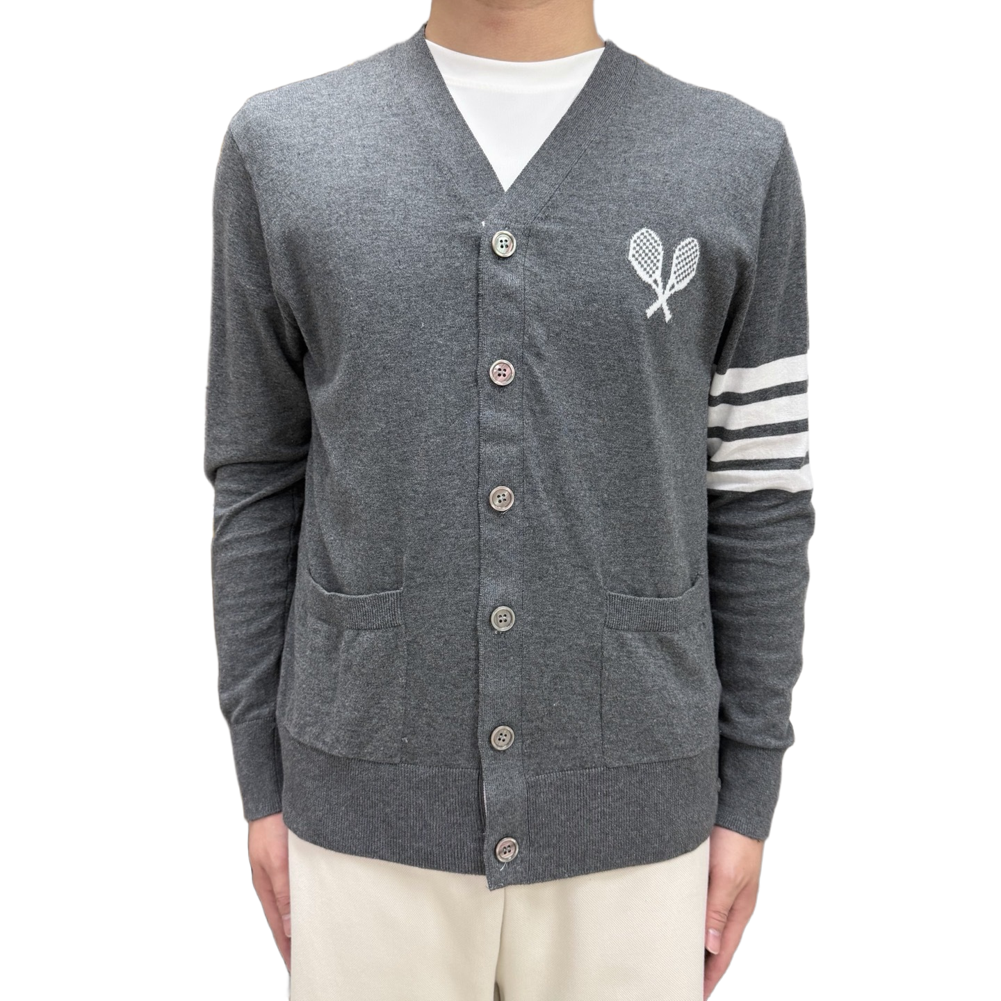 Tennis Racket Jacquard V-Neck Knit Cardigan THOM TREND