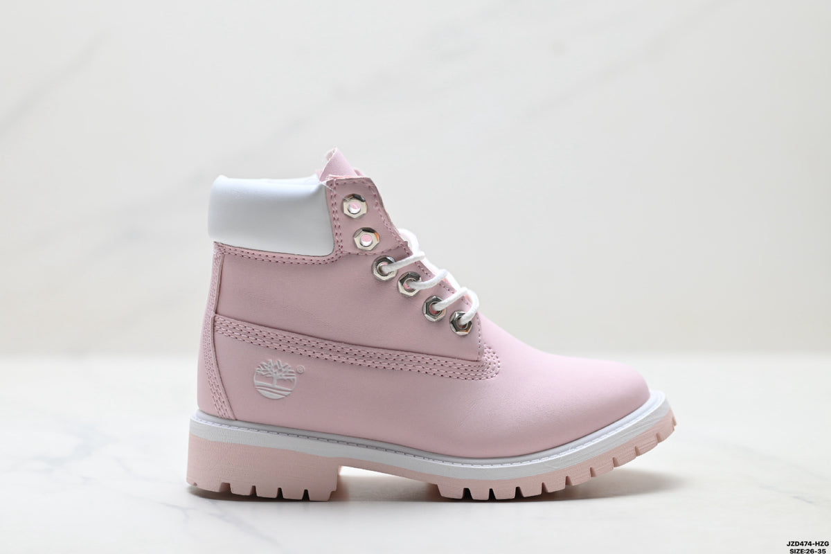 Timberland Pink Kids Premium Leather Boot - right-facing side profile main image