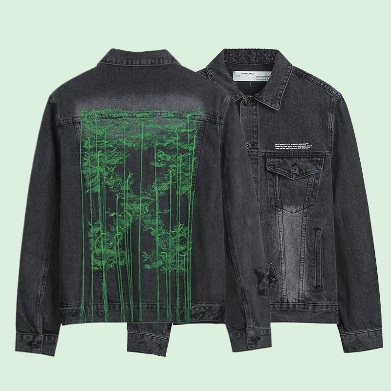 Off-White Black Green Forest Graphic Denim Jacket for Men