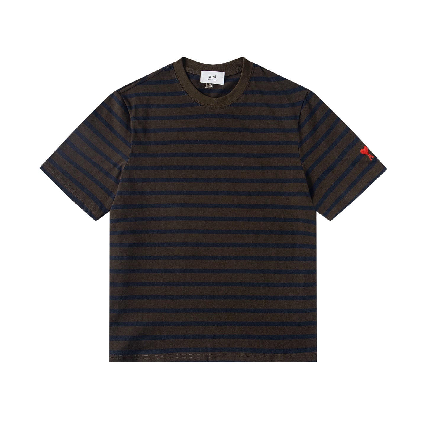 Heart Embroidery Striped Short-Sleeve T-Shirt ¡§C Gray & Brown