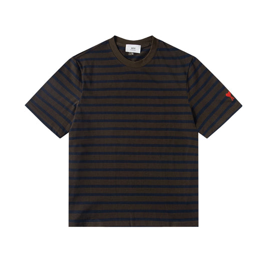 Heart Embroidery Striped Short-Sleeve T-Shirt ¡§C Gray & Brown