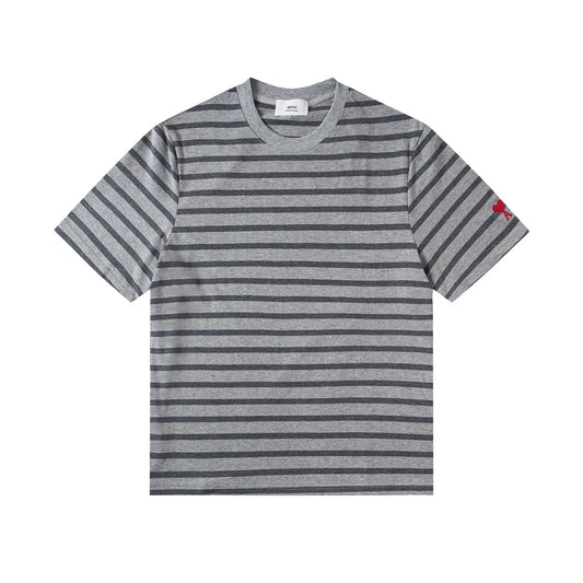 Heart Embroidery Striped Short-Sleeve T-Shirt ¡§C Gray & Brown