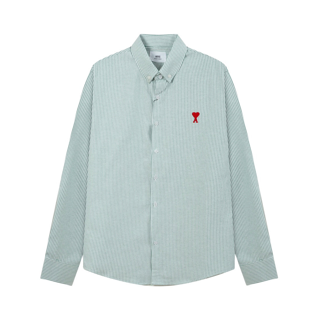 Unisex Heart Embroidery Striped Oxford Shirt