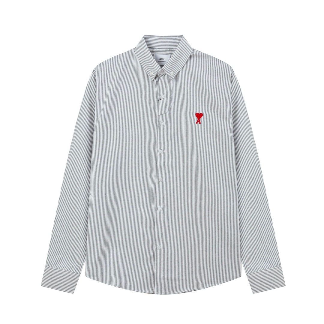 Unisex Heart Embroidery Striped Oxford Shirt