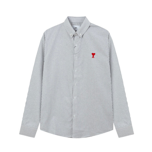 Unisex Heart Embroidery Striped Oxford Shirt