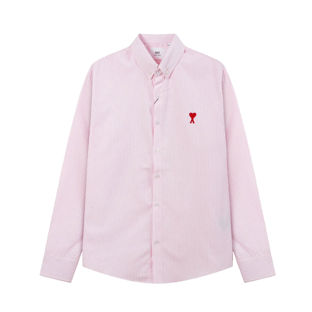 Unisex Heart Embroidery Striped Oxford Shirt