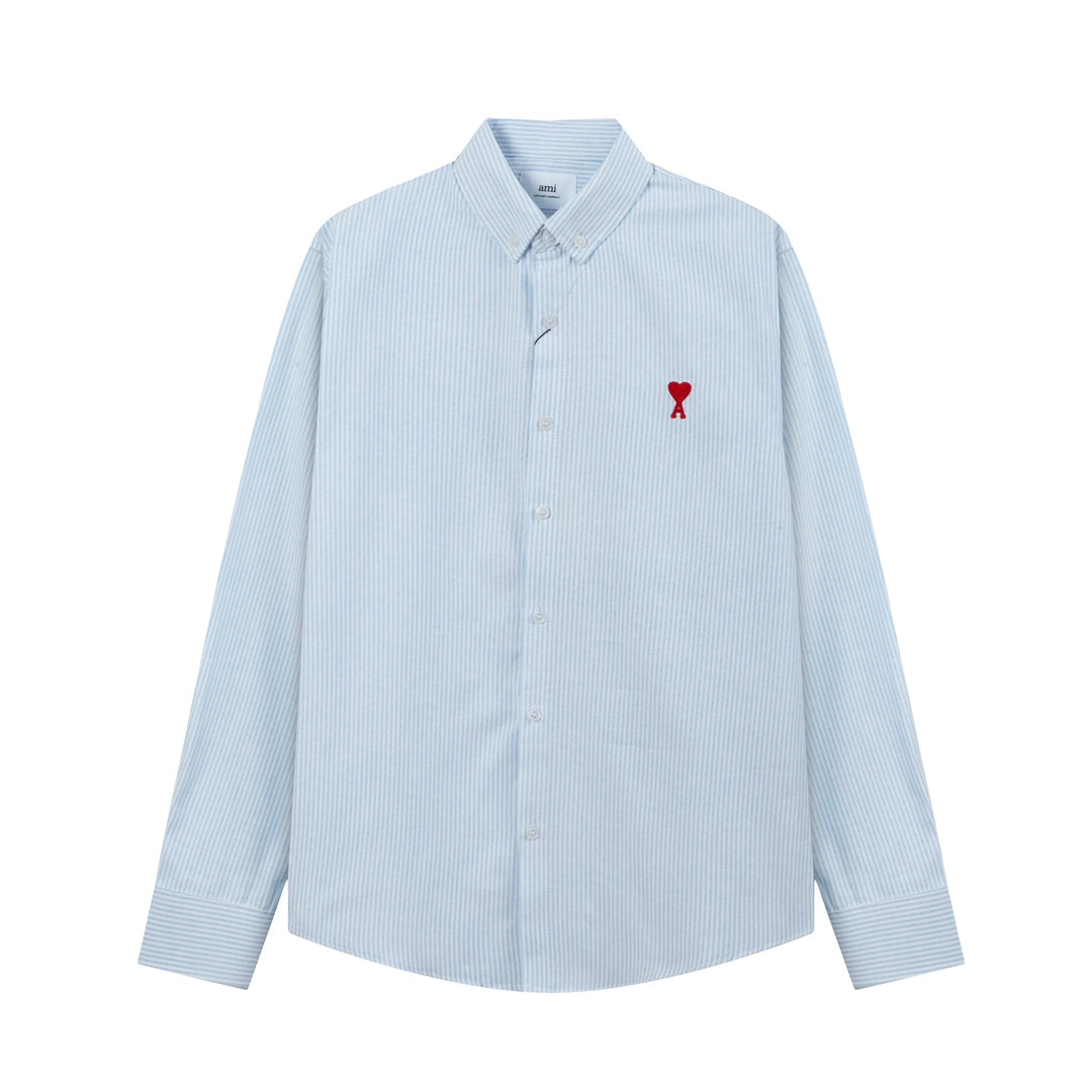 Unisex Heart Embroidery Striped Oxford Shirt